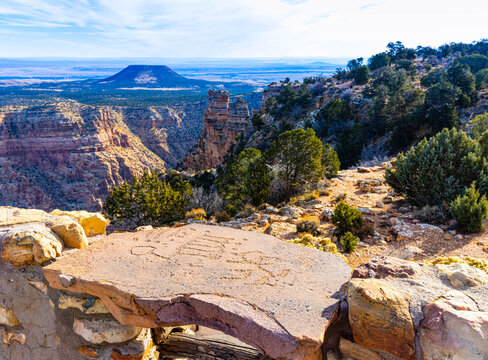 Native American Petroglyph  Carved Into Flat Stone at The Observation Deck of The Desert View Watchtower, Grand Canyon National Park, Arizona, USA