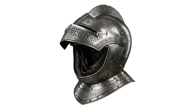 Medieval knight helmet with open visor, antique steel armor headpiece on white background, vintage metallic warrior protection for museum or history concept