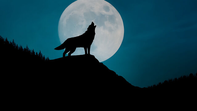 Silhouette of a wolf howling at a full moon on a hill.
