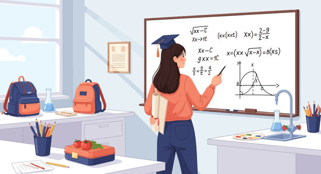 Female student wearing graduation cap points to math equations on whiteboard.