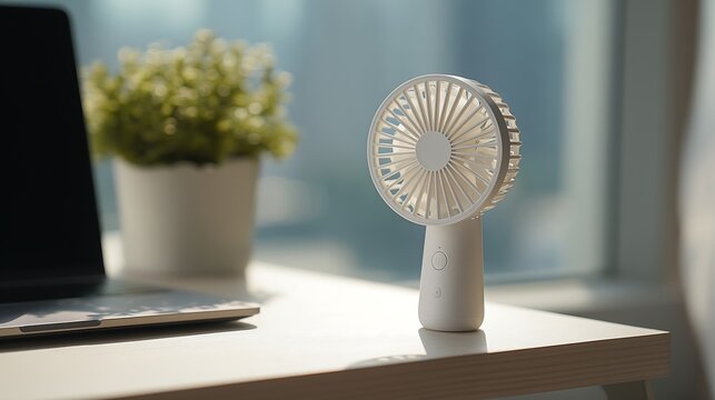 Handheld mini fan on a minimalist desk beside a laptop with soft natural window lighting, showcasing modern personal cooling, workplace comfort, and clean product photography.