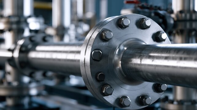 Industrial metal pipeline with bolted flange connection assembled in a manufacturing or processing plant for fluid or gas transportation systems in engineering