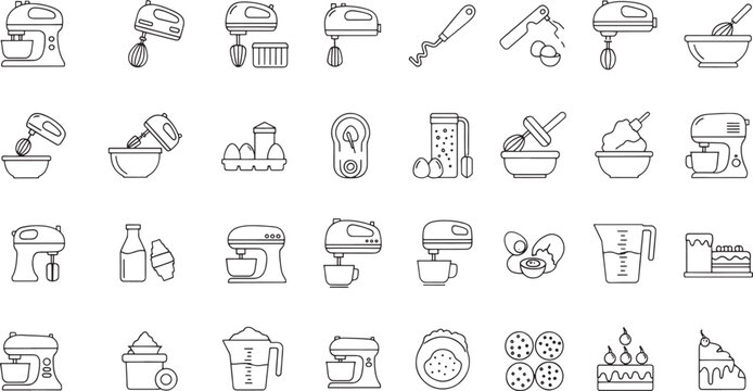 Black and white line icons of baking tools and desserts on white background