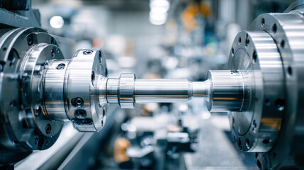 Fototapeta premium Precision close-up of advanced cnc lathe machine shaping metal workpiece in modern industrial factory environment with high focus and depth of field effects