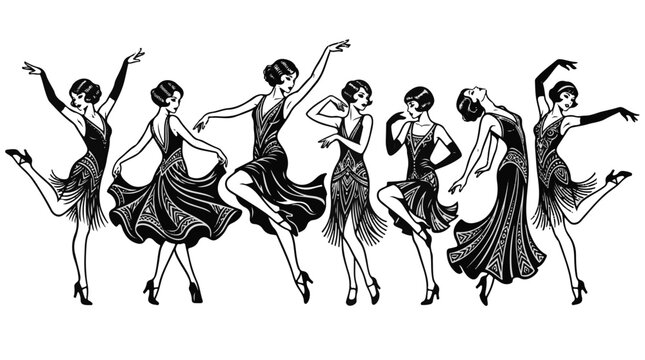 Flapper Girls Dancing in Elegant 1920s Art Deco Style Illustration for Retro Events