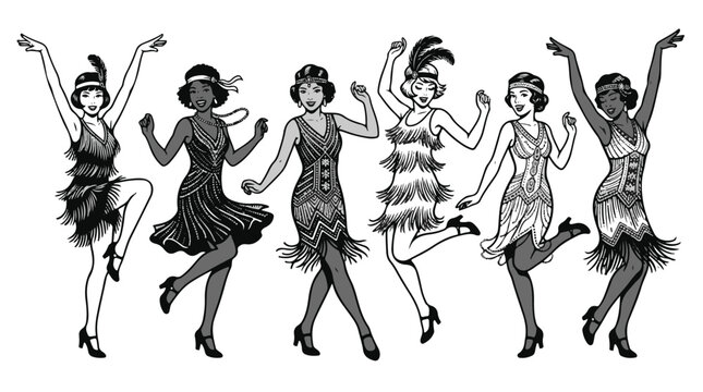 Flapper Women Dancing in Vintage 1920s Style for Retro Themed Design Projects