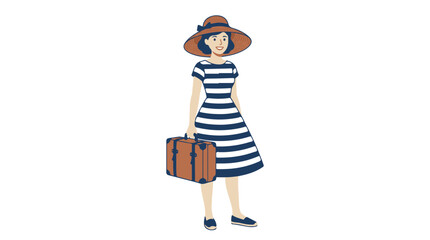 Woman in a Striped Dress and Sun Hat Holding a Vintage Suitcase for Travel Adventure © PAPA