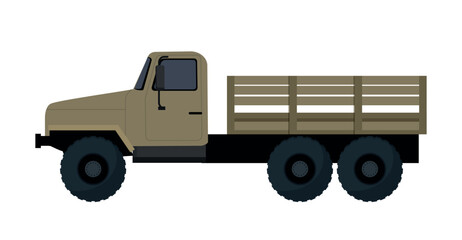 Obraz premium Vector illustration of a khaki beige offroad utility cargo truck with a wooden flatbed body. Isolated on white background.
