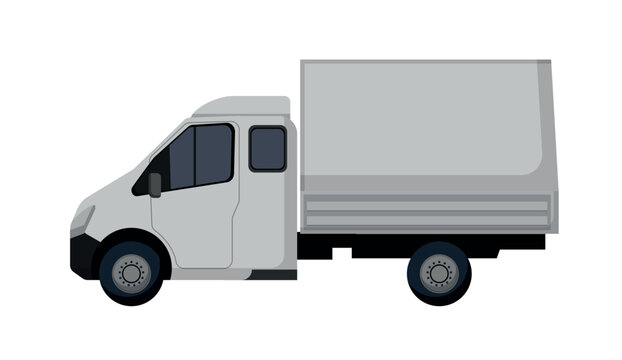 Flat vector illustration of a grey local delivery box truck with a passenger cabin on white background.