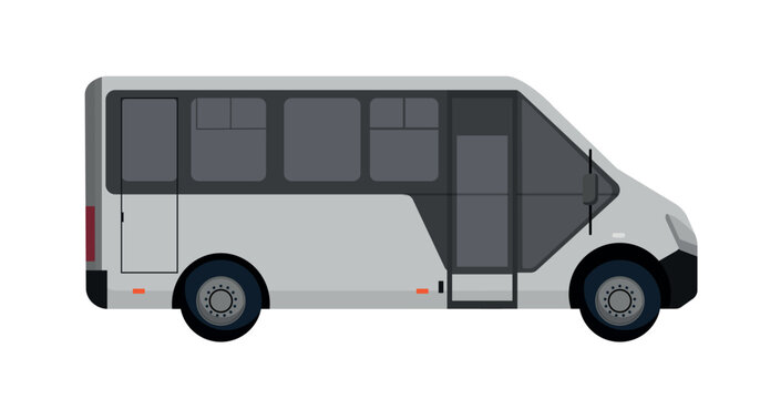 Flat vector illustration of a modern municipal grey passenger mini bus city transport vehicle isolated on white background.