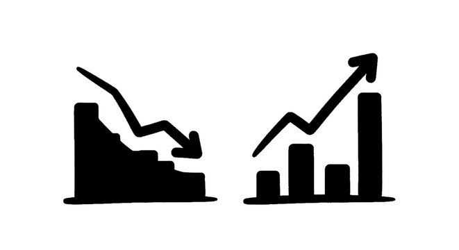 Minimal black silhouette icon, simple flat vector, bold black shape, no, no shading hand drawn vector icons of rising and falling business charts on a, flat icon style
