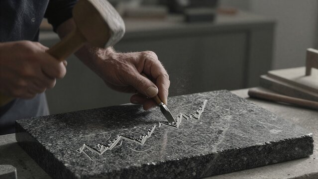 Stone carver meticulously chisels intricate patterns into dark granite slab with hammer and chisel.