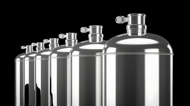 Black and white bottles of oil, spray perfume and deodorant containers, and gas pump equipment