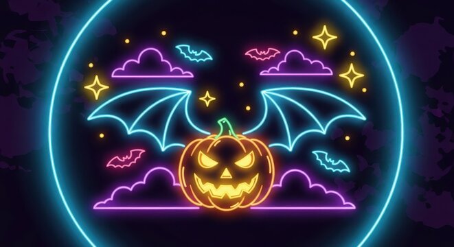 Neon halloween pumpkin with bat wings and glowing clouds in a circular frame on a dark background