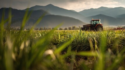 Naklejka premium Tractor working in a lush green field with mountains in the background under a cloudy sky during golden hour in rural farmland landscape