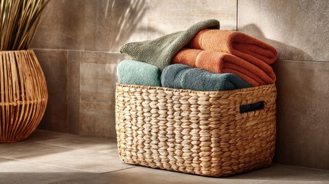 Woven basket filled with neatly folded colorful towels in a warm-toned bathroom setting with decorative dried plants and modern tiled walls
