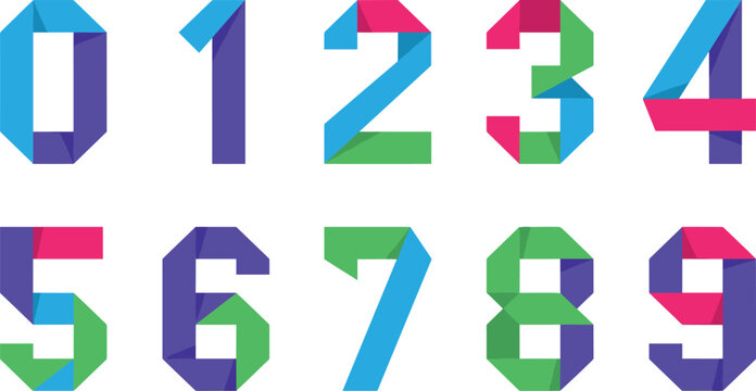 Vector colorful geometric illustration set featuring origami ribbon numbers from zero to nine folded style typographic font elements for graphic design