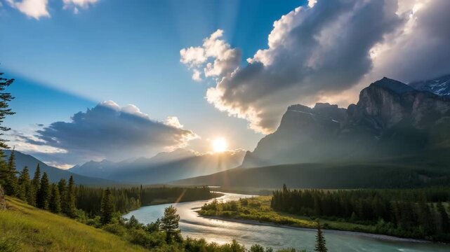 Golden hour sunbeams through dramatic clouds over a winding river and majestic mountains in a serene landscape