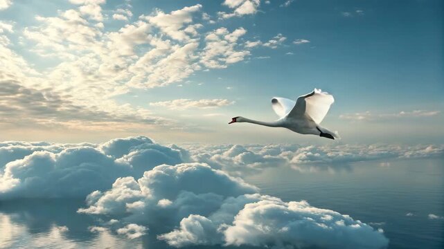 Graceful swan flies through dramatic clouds during golden hour with gentle camera drift
