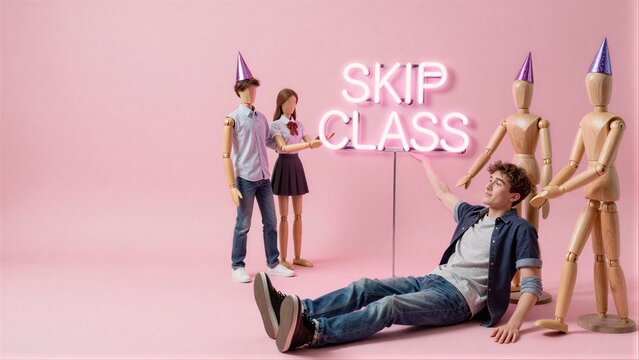 Student relaxes as wooden figures urge him to skip class, neon sign glows behind.