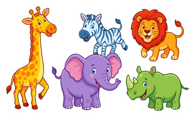 Fototapeta premium A group of cute cartoon wild animals including giraffe, zebra, lion, elephant, and rhino on white background.