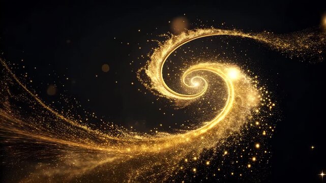 Golden swirling particles in dark background with subtle bokeh and dynamic motion