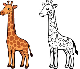 Fototapeta premium Cute Cartoon Giraffe Colored and Outline Version Set — Orange and Black White Flat Design African Animal Illustration on White Background