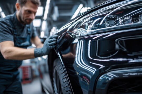 Skilled technician inspecting and polishing the body and headlight of a shiny black luxury car inside a modern automotive workshop with focused detail