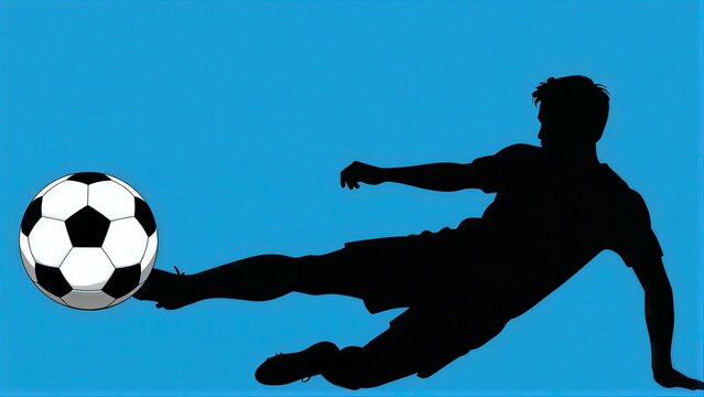 Silhouette of a soccer player kicking ball against vibrant blue background.