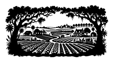 Obraz premium Woodcut Style Rural Farm Landscape Illustration with Workers and Crops