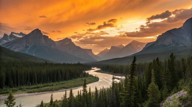Serene river winding through pine forest during dramatic sunset with majestic mountains in background cinematic motion