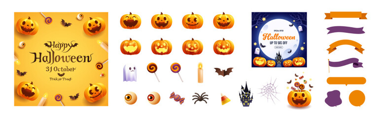 Fototapeta premium ハロウィンのかぼちゃやおばけのイラスト素材セット リボン・バナー・カードデザイン