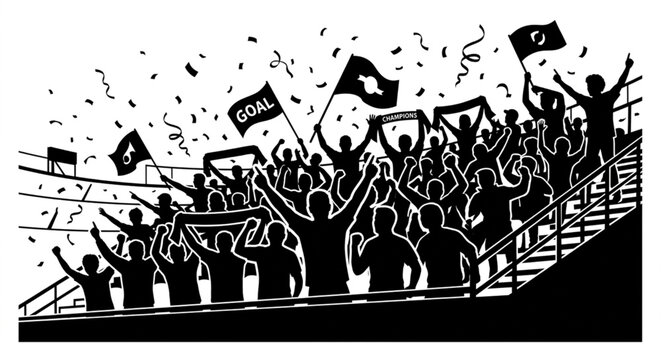Cheering crowd, sports fans, stadium spectators, black and white vector, celebration