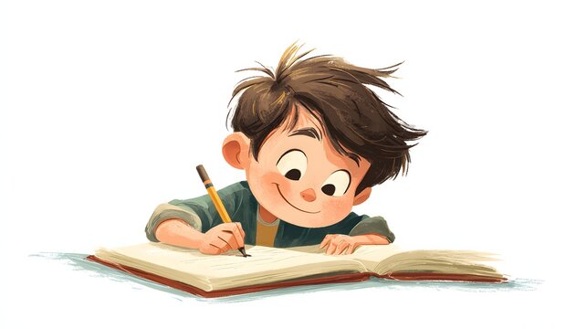 A boy is writing in a book with a pencil, cartoon style. The concept of studying at school comfortably and enjoyably, isolated on a white background.