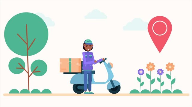 Delivery courier riding a blue scooter with a cardboard package in this animated motion video