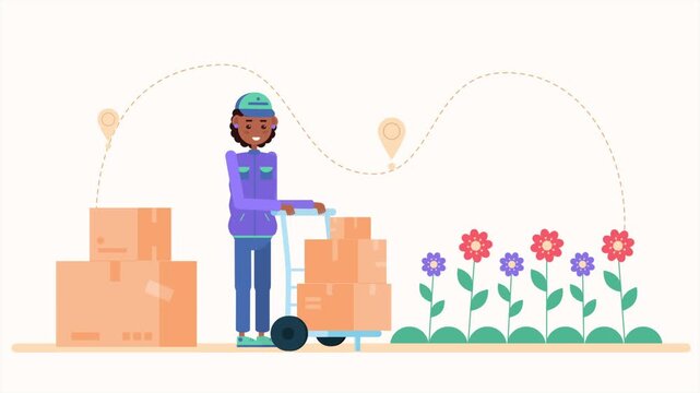 Friendly delivery person transports cardboard shipping boxes on a hand truck in this flat animation video