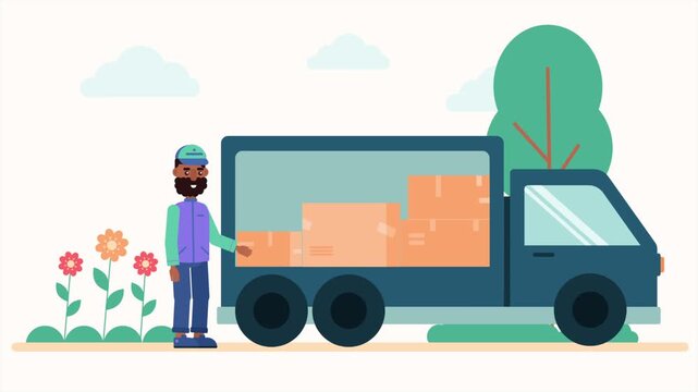 Delivery driver stands beside truck loaded with cardboard packages in this vibrant 2D animation video footage