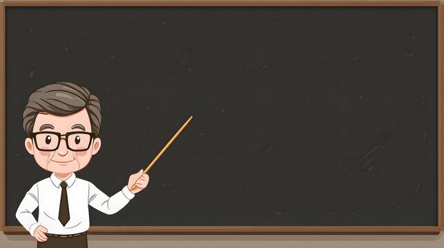 male teacher is explaining in front of class pointing to white board with pointer, businessman giving presentation, modern teaching, cartoon style
