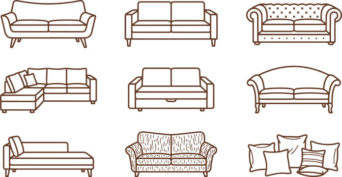Assorted sofa and couch including sectional, loveseat, and pillow sets, brown line on a clean white background