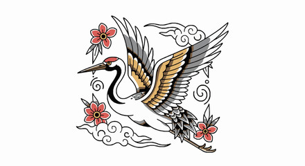Fototapeta premium Traditional japanese style illustration of a flying crane with cherry blossoms and clouds
