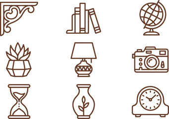 Fototapeta premium Collection of home decor and study line including wall bracket, books, globe, succulent, lamp, camera, hourglass, and vase