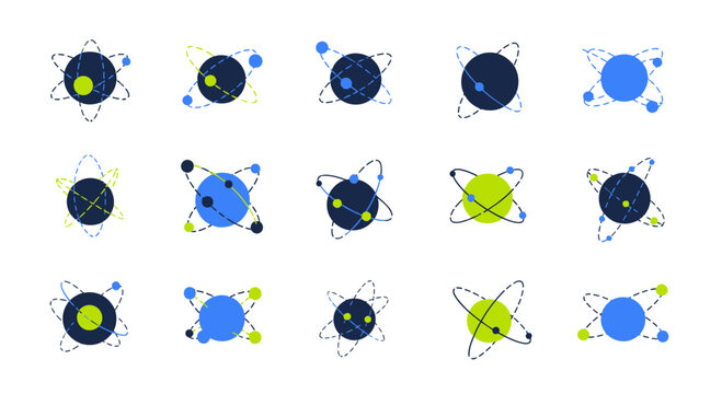 Set of Minimalist Atom and Orbital Science Icons in Blue and Green