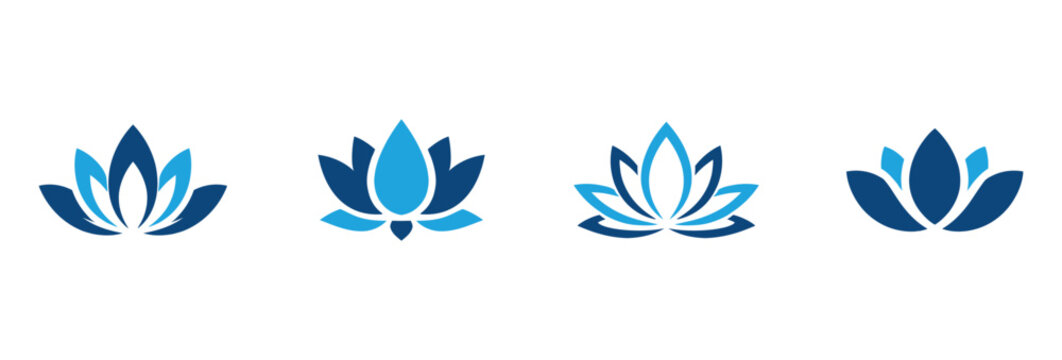 Set of four blue lotus flower icons in various geometric and minimalist styles.