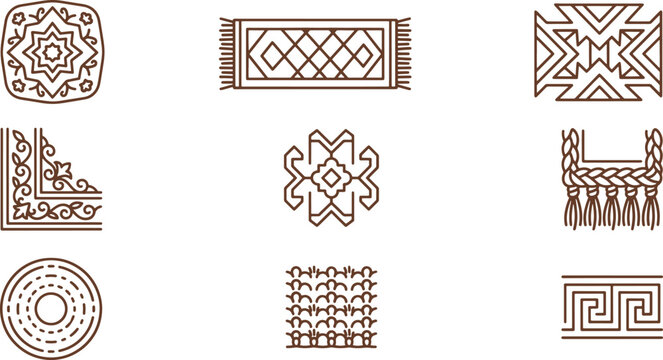 Collection of hand drawn line featuring decorative patterns, rug corner ornaments, braided textures, and geometric wall borders