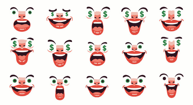 Money eyes face expression set with greedy and happy facial emojis