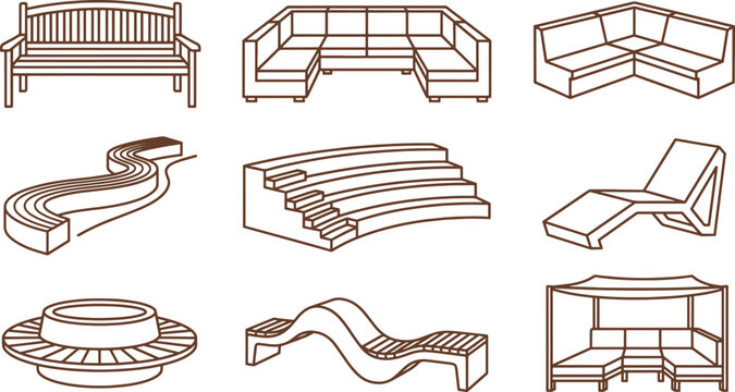 Outdoor and lounge furniture including benches, sectional sofas, and a canopy bed, brown line on white background