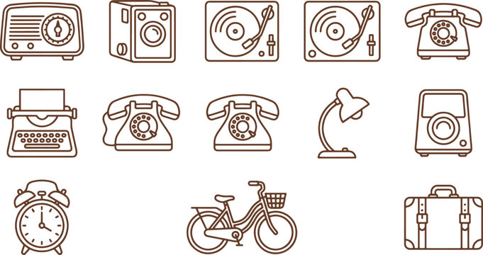 Retro technology and travel line including a radio, camera, record player, rotary telephone, typewriter, desk lamp, alarm clock, bicycle
