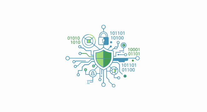 Cyber security shield icon with digital circuit lines and binary code