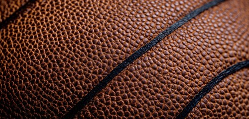 Obraz premium Detailed macro shot of textured basketball leather and black seam line with basketball background equipment close-up material professional physical competition training exercise abstract