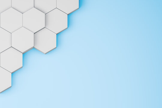 White hexagon corner frame on light blue background. 3D abstract geometric backdrop with copy space. Minimalist tech layout.